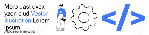 Web development, programming, teamwork, innovation, digital learning, tech solutions. Minimalist person, gear icon and code symbol. Web development and programming focus with a modern tech theme
