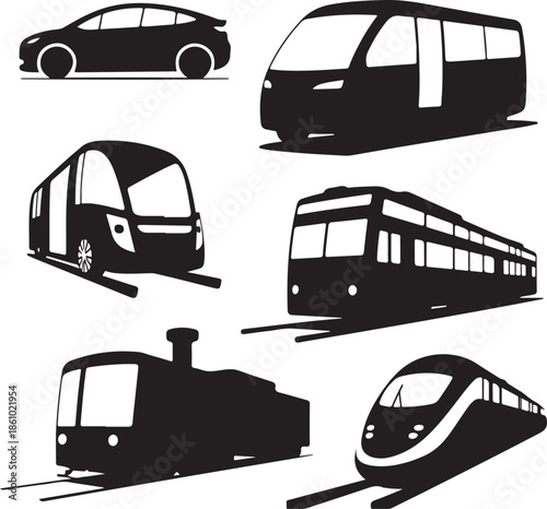 Collection of various modern trains and vehicles isolated illustration