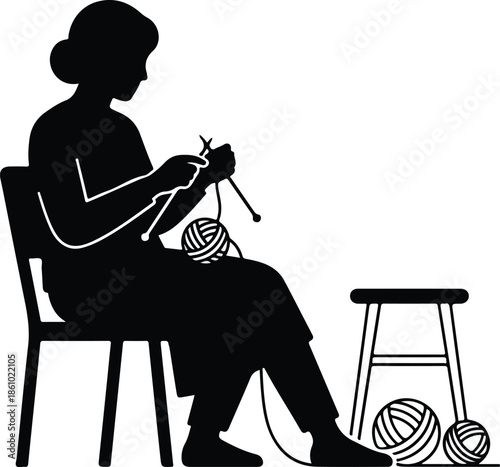 Elderly Woman Knitting Yarn Craft Cozy Hobby Silhouette