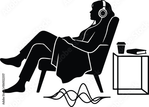 Woman Relaxing Headphones Audiobook Podcast Cozy Silhouette