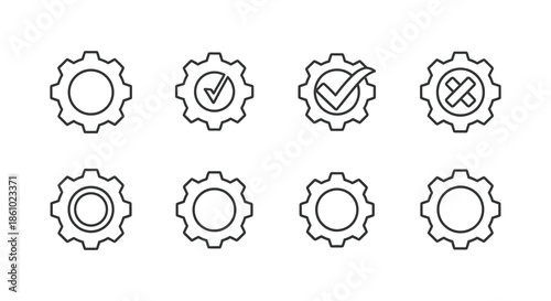 A collection of eight outlined gear icons displaying various symbols and empty circles silhouette