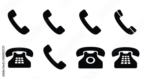 A collection of vintage telephone icons and shapes displayed in a simple black silhouette