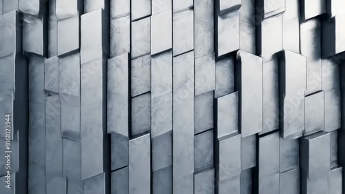 An abstract, close-up view of a wall composed of metallic, rectangular blocks arranged in a staggered pattern. The texture is smooth and polished