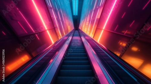 A futuristic escalator illuminated by vibrant neon lights. The striking colors create a mesmerizing atmosphere. This image evokes a sense of motion and transformation. Generative AI