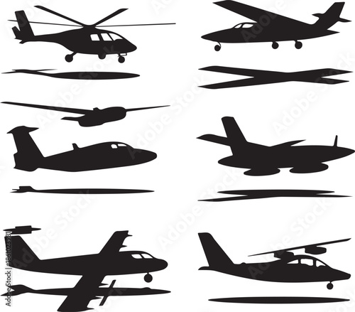 Collection of various aircraft silhouettes isolated on transparent background