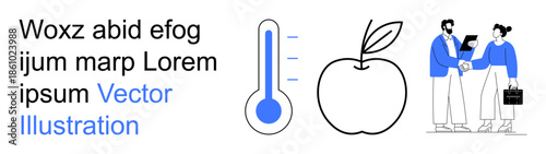 Business partnerships, healthy lifestyle, temperature monitoring, education, professional management, conceptual . Apple, thermometer professionals shaking hands. Business partnerships and healthy
