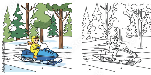 Tableau sur toile Coloring book page vector illustration of a happy kid riding a blue snowmobile i