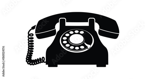 A classic black rotary telephone is displayed as a striking dark form silhouette
