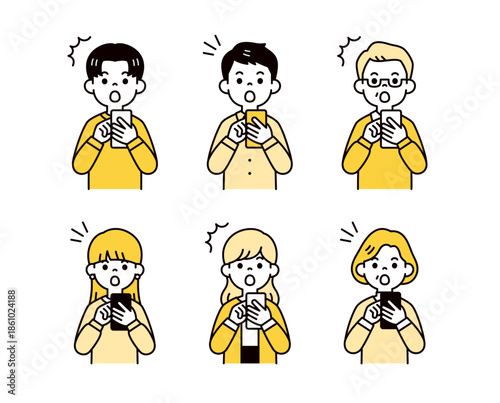 驚いた表情でスマートフォンを見る、様々な年齢の男性と女性のベクターイラスト素材セット