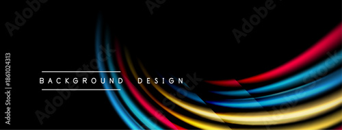 Abstract colorful lines form dynamic curves. Black background emphasizes vibrant design elements. Modern aesthetic, sleek presentation.