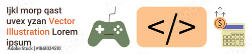 Game development, coding, education, gaming economy, financial planning, programming. A green game controller, coding symbols and money growth icon with a calculator. Game development and coding