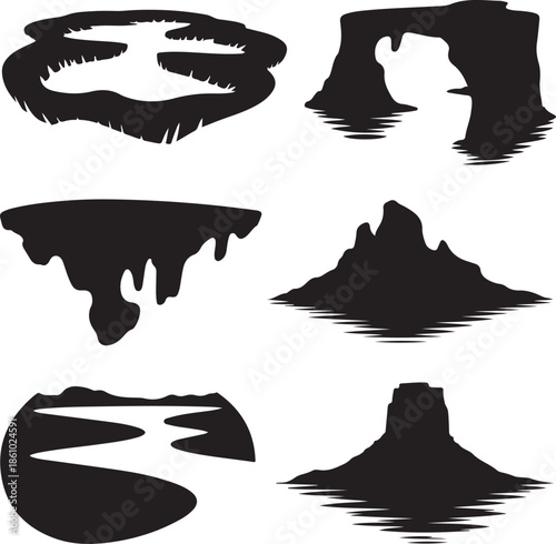 Abstract silhouette landscapes and rock formations isolated on transparent