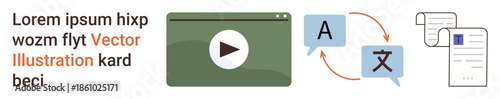 Language learning, translation services, online education, multilingual communication, content creation, workflow automation. Video player, translation icons and document exchange. Language learning