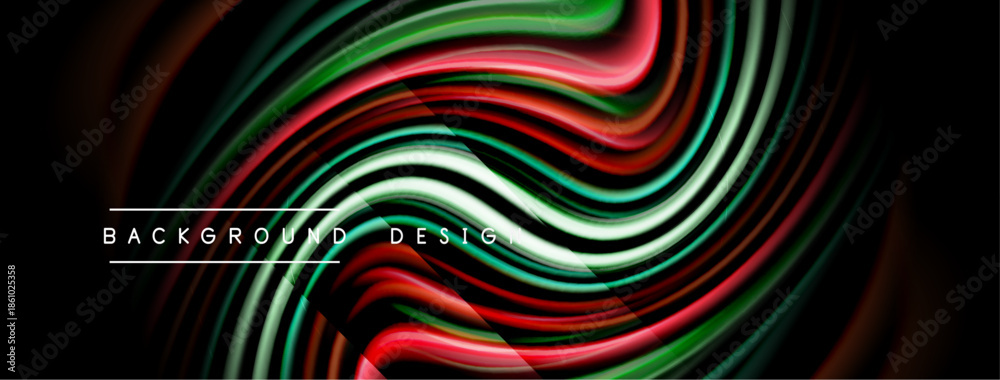 Fototapeta premium Abstract flowing lines create vibrant, colorful waves. Red, green, white hues blend against dark backdrop. Modern design element.