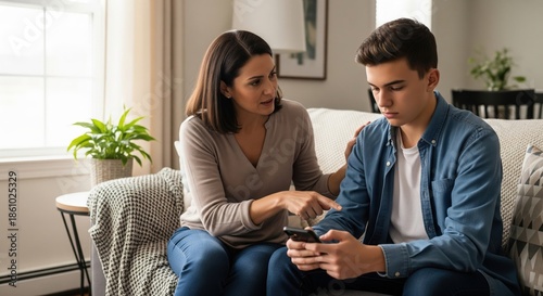Woman guiding teenage son through smartphone in cozy living room