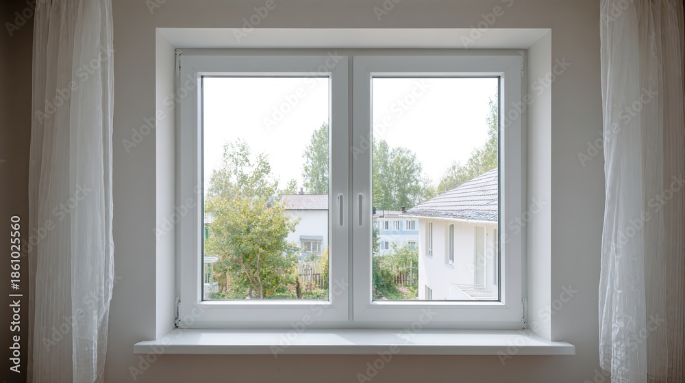 Fototapeta premium pvc. Modern white PVC window installed in a residential room, allowing natural daylight to fill the neutral interior space. real-estate listings.