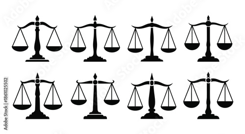 A collection of justice scales displayed in a repeating pattern a dark silhouette