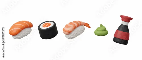 Obraz  z motywem Playful clay models of various sushi items including salmon nigiri, maki roll, shrimp nigiri, wasabi, and a soy sauce bottle, arranged on a white background.