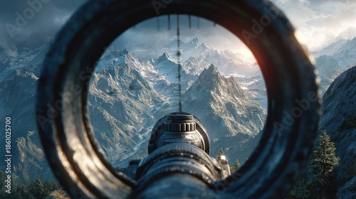 A rifle scope focuses on distant snow-capped mountains and a sunrise