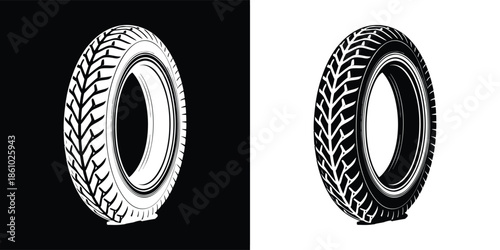 Monochrome tire with tread pattern, showcasing the design and texture of automotive component, isolated on white background
