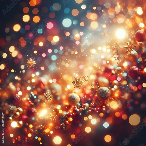 Festive Bokeh Lights and Christmas Ornaments Holiday Background with Warm Golden Glow