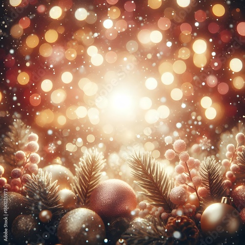 Festive Bokeh Lights and Christmas Ornaments Holiday Background with Warm Golden Glow