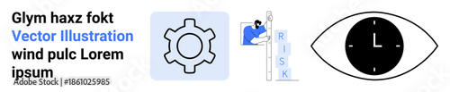 Gear icon symbolizing productivity, worker climbing letters RISK representing risk management, and eye with clock symbolizing vision and time perception. Ideal for productivity, risk management, time