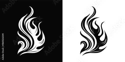 A stylized flame design, isolated on white background, in a black and white hand drawn illustration of fire and heat