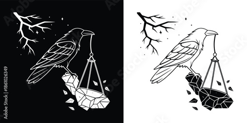 A raven perched on a rock with a hanging object, symbolizing mystery and intelligence, depicted in a detailed black and white vector illustration