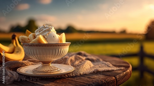 A sundae bowl with bananas and cream sits on a rustic table outdoors during sunset