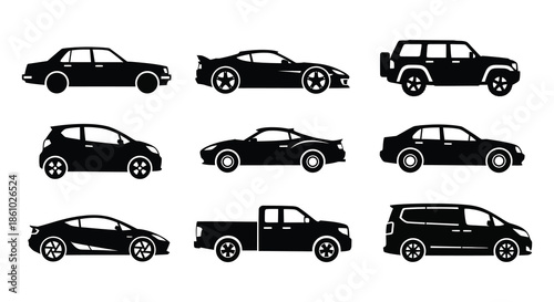 A collection of various vehicle types presented as striking black shapes silhouette