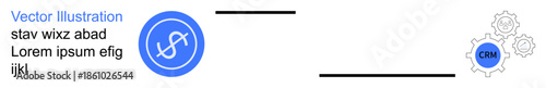Business management, CRM systems, data integration, automation, enterprise solutions, workflow optimization. Blue circular icon and connected gears. Business management and CRM systems concept
