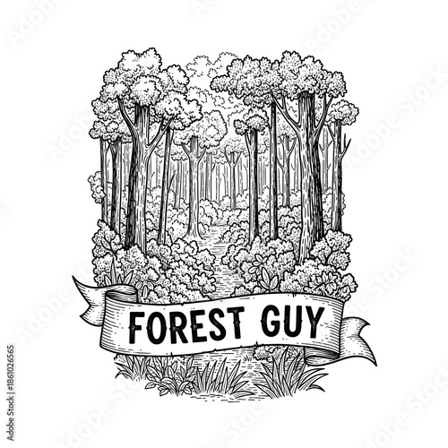 Vintage woodcut illustration of a mystical forest with towering trees and dense foliage. A decorative banner, reading 'Forest Guy', anchors this detailed nature scene for outdoor concepts