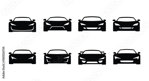 A collection of automotive front views displayed as black shapes a stylistic silhouette