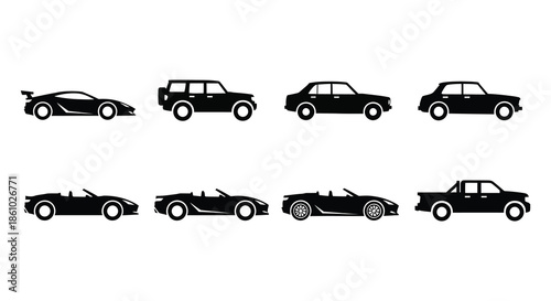 A collection of classic automobile designs presented in a stark black silhouette