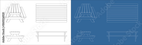 Orthographic Picnic Table Technical Plan with Top Front and Side Views