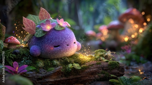 Adorable purple creature rests on mossy log, floral crown, surrounded by forest