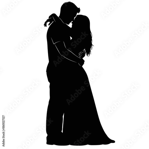 Silhouette of a romantic couple embracing and kissing