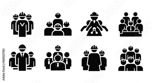 Collection of construction worker icons depicting various team sizes and arrangements a striking silhouette