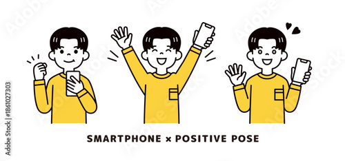 スマートフォンを手に、ポジティブな表情・ポーズをする若い男性のベクターイラスト素材セット