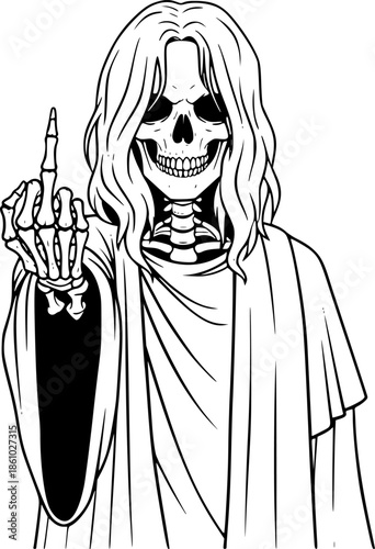 illustration of a skeleton, dark robe, showing middle finger