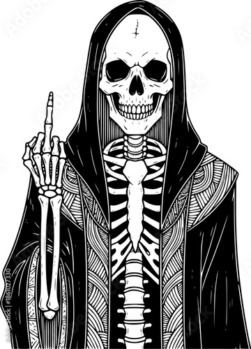 illustration of a skeleton, dark robe, showing middle finger