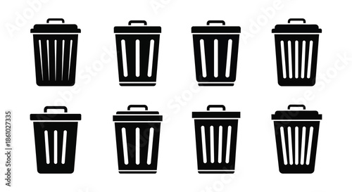 A collection of black trash cans depicted in a simple graphic silhouette