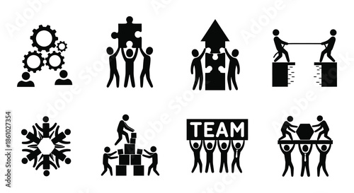 Illustrative icons depicting teamwork collaboration and partnership through symbolic human figures silhouette