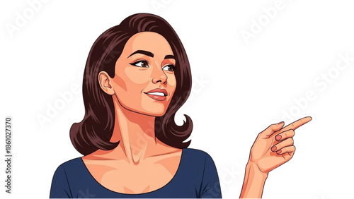 Woman pointing to the side with a thoughtful expression