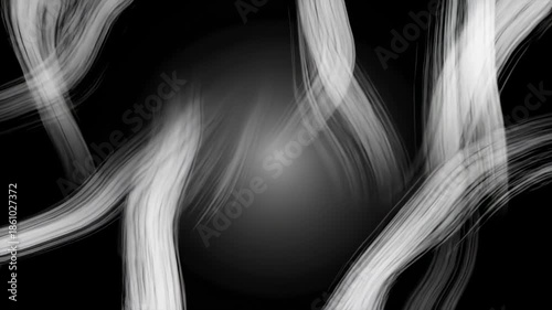 An abstract, monochromatic composition. It shows flowing, white brushstrokes overlapping and intertwining against a dark, undefined backdrop