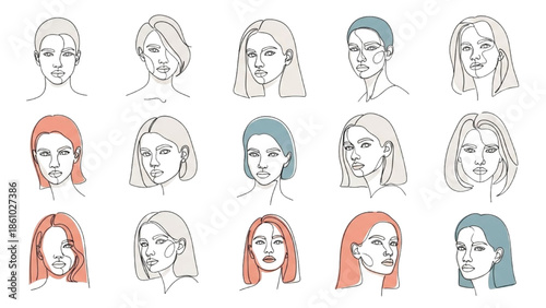 Collection of diverse line art portraits of women with varied hairstyles and colors