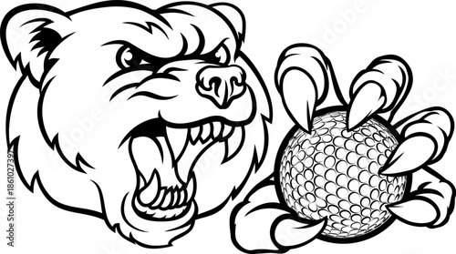 A bear angry animal sports mascot holding a golf ball