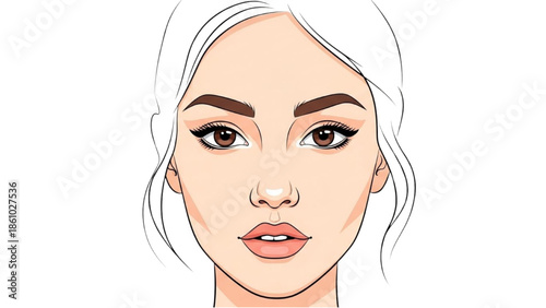Illustration of a woman's face with a neutral expression and sleek hairstyle