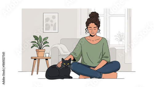 Woman practicing yoga with cat in a serene living room atmosphere